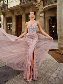 Faeriesty Đầm dạ hội cúp ngực thanh lịch dành cho nữ – Chi tiết buộc dây phía sau, xẻ tà cao, kiểu đuôi cá phối voan với đuôi váy dài thướt tha – Hoàn hảo cho các đám cưới trang trọng, dạ tiệc thảm đỏ, đêm nhạc opera, dạ hội từ thiện và các buổi lễ trao giải danh giá. - Hồng - Xem 8