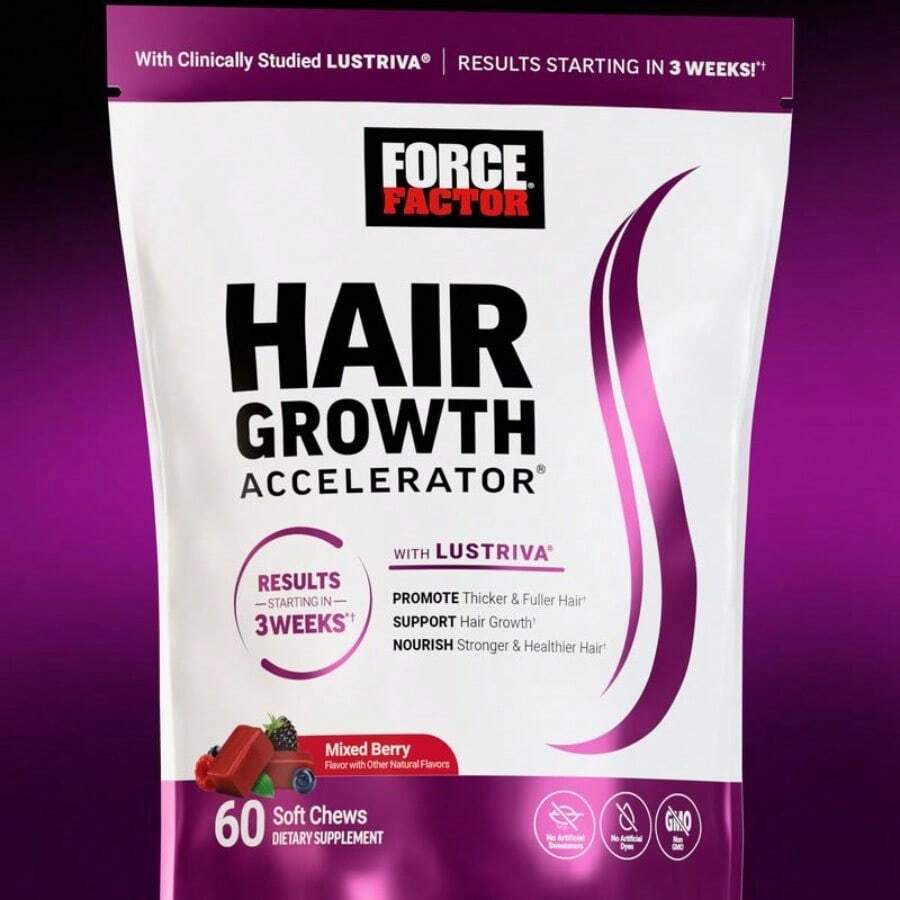 Force Factor Hair Growth Accelerator – Clinically Proven Lustriva For Thicker, Stronger Hair – Biotin, Vitamin E & C – Mixed Berry Flavor – 60 Soft Chews - Kẹo nhai mềm - Xem 1