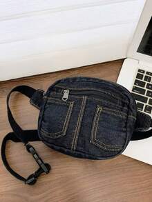 1pc Girls' Solid Color Denim Zipper Closure Fashion Chest Bag/Waist Bag/Crossbody Bag, Suitable For Daily Use All Seasons - A - View 10