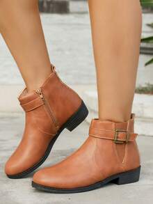 بوت قصيرة جلد بني عتيق، بوت تشيلسي للنساء ذات سحاب جانبي وكعب منخفض، بوت كاحل مريحة وملائمة، بطراز بريطاني