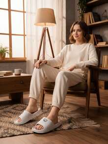 女士黑色厚底EVA时尚防滑轻便休闲拖鞋，适合街头、夏季沙滩 - 灰色 - 查看 3