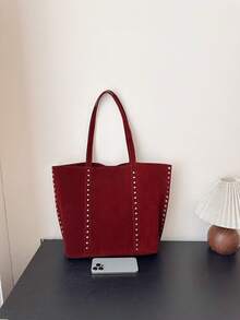 2025 Nuova borsa a secchiello retrò di nicchia per l'autunno/inverno, borsa a secchiello  con borchie per donne, borsa a spalla/sotto braccio versatile casual, borsa a spalla opaca, borsa casual da donna, borsa della spesa, borsa da lavoro - Bordò - Visualizzare 8