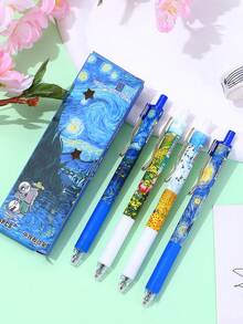 4pcs Van Gogh Starry Sky Retractable Ballpoint Pens, Quick-Drying Ink, Painting Style, Metal Body, For Students, Exams, Office, Signing - Black - View 1
