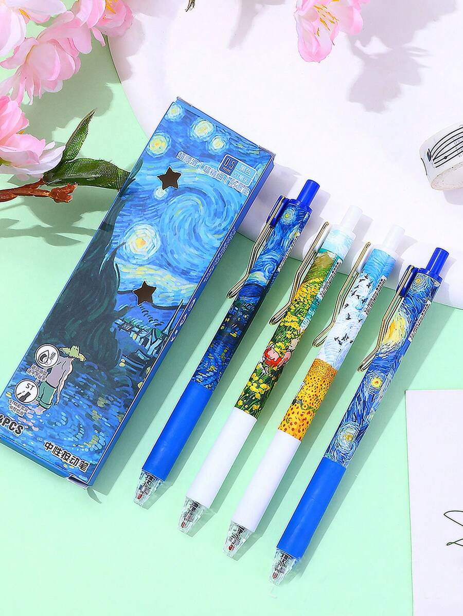 4pcs Van Gogh Starry Sky Retractable Ballpoint Pens, Quick-Drying Ink, Painting Style, Metal Body, For Students, Exams, Office, Signing - Black - View 1
