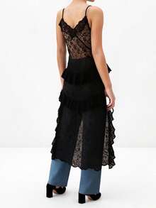 Women Lace Camisole, Sleeveless Tops V-Neck Slit Ruffled Summer Long Sheer Tops Clubwear - Black - View 6