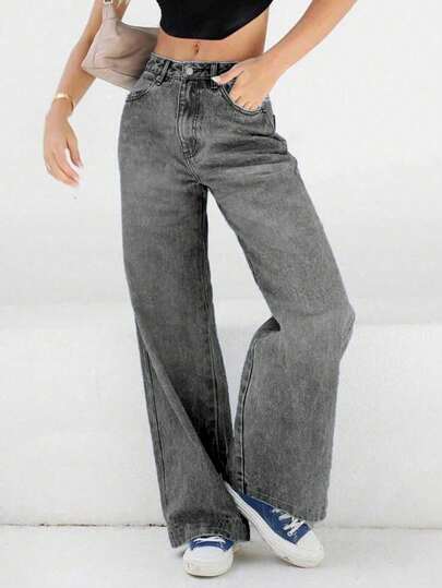 بنطلون جينز نسائي واسع بموديل عتيق وساق مستقيمة مع جيوب، كاجوال