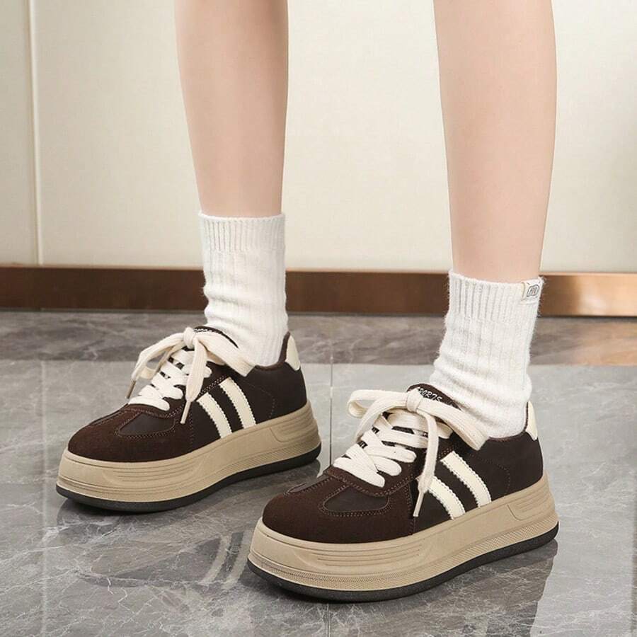 冬季高帮厚底学生运动休闲鞋，带保暖内衬 - 棕色 - 查看 1