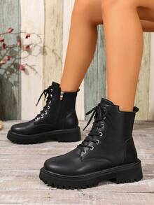 Botas femininas estilo britânico retrô, novas botas de cano curto com sola grossa, adequadas para primavera e outono, 2025 - Preto - Ver 6