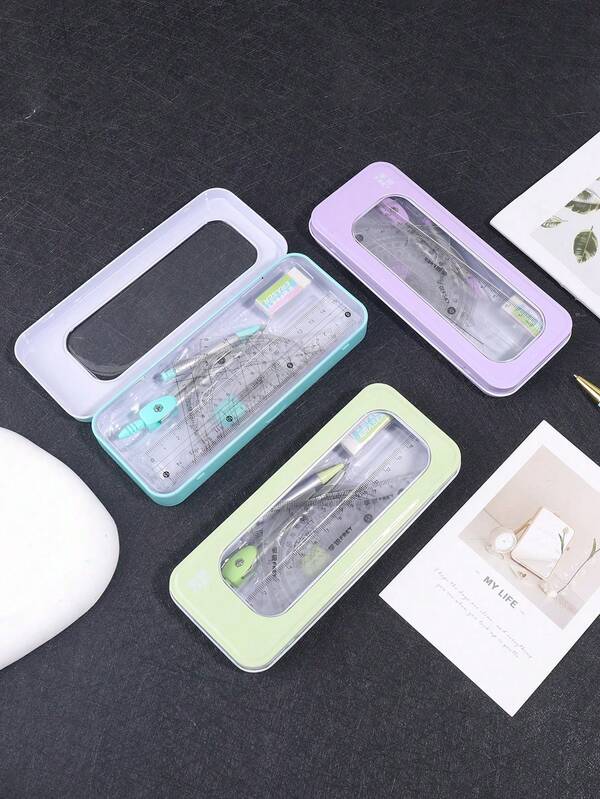 1 Box/Set Exam Stationery Drawing Ruler Set - Ruler, Triangle Ruler, Square Ruler, Protractor, Eraser, Compass, Student Stationery, School Supplies, Back To School Essential, Math Supplies, Suitable For School, Office, Exam