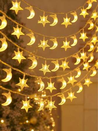 1 Christmas Home Decoration Warm White Star And Crescent String Light, Battery Powered, LED Fairy Light, Suitable For Bedroom Wall Decoration, Tent Decoration, Wedding Decoration, Birthday Party Decoration, Christmas Tree Decoration Star String Light