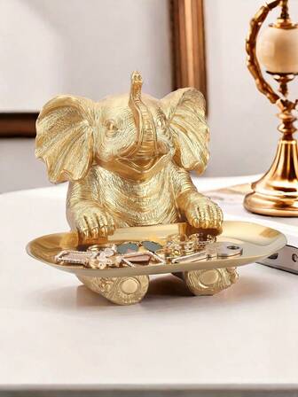 1pc Silver And Gold Elephant Statue For Cosmetics And Jewelry Storage,Suitable For Home Decor, Bedroom Decor, Office And Students, The Best Halloween And Christmas Gift,Autumn
