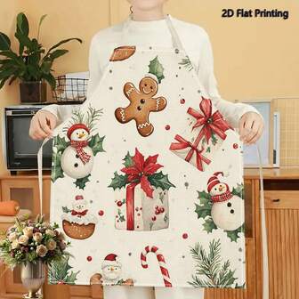 1PC 2D Flat Printed Snowman Gingerbread Christmas Holiday Style Apron For Home Cooking, Kitchen Wear, And Cooking Enthusiasts