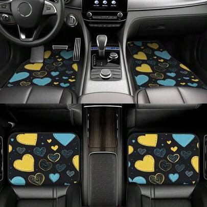 4 Stücke bunte Herz Muster Auto Fußmatten/Kofferraum Matten - modisch, leicht zu reinigen, strapazierfähiges Polyester, passend für alle Fahrzeuge, erhöht Fahrvergnügen, Auto Matten Set, Auto Innenausstattung Zubehör, tolles Geschenk