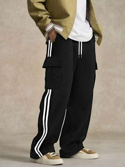 Men's Autumn/Winter Casual Pants With Multiple Pockets, Loose Fit Drawstring Waist Cargo Pants, Retro Paratrooper Style, Fashion Versatile Trousers