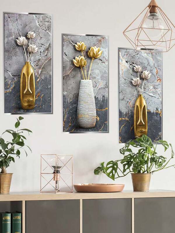3pcs.New Flower Vase 3d Stereo Effect Wall Sticker, Triptych Decoration Living Room Bedroom Porch Wall Sticker, Removable Pvc Self-Adhesive Paper Wall Stickers Room Decor Wall Decor Bedroom Decor Kitchen Decor Home Decor