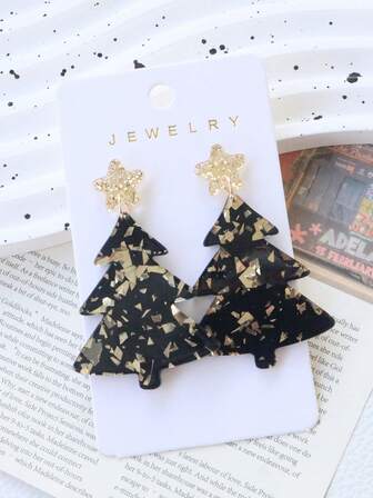 1 Pair Acrylic Bling Bling Sequin Black & Gold Christmas Tree Earrings, Personalized Exaggerated Cute Interesting Star Earrings, Holiday Party Gift Earrings