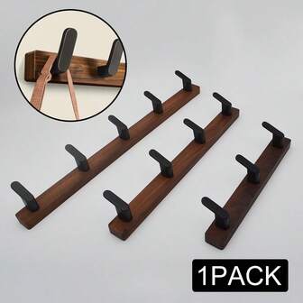1pc Black Wooden Minimalist Metal Coat Hook, 3/4/5 Hooks For Bedroom, Hotel, Home Storage