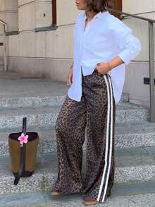 Petite Sexy Leopard Print Loose Women's Pants, Suitable For Travel And Casual Daily Wear, Elastic Waistband, Side Stripe Patchwork Wide Leg Trousers Spring - Brown - View 3