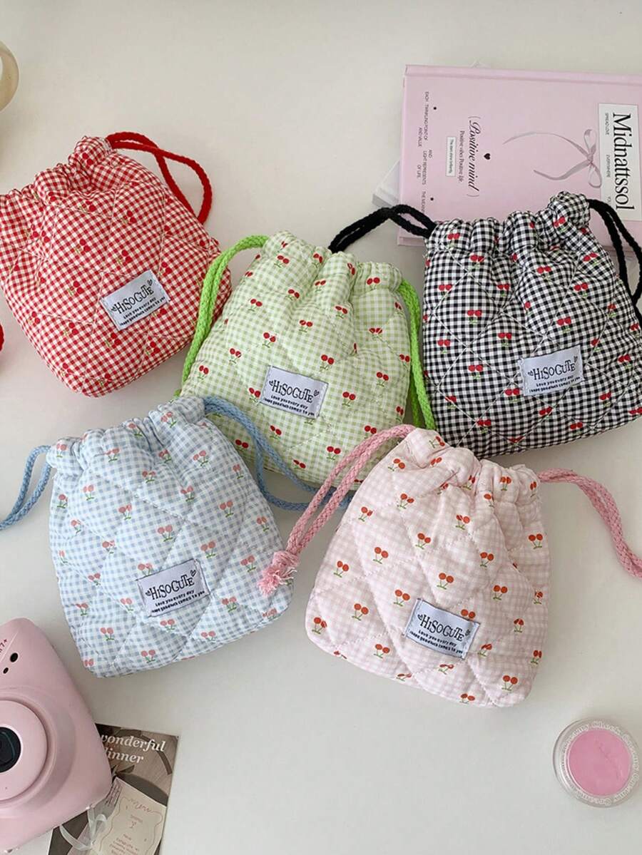 1pc Cute Plaid Cherry Pattern Quilted Camera Bag, CCD Storage Bag, Camera Case, Soft Material, Anti-Drop And Dust-Proof, Compact And Portable, Suitable For Mirrorless Cameras, Minimalist And Portable, Anti-Drop And Scratch-Resistant, Multi-Purpose For Outdoor Use, Camera Accessory Travel Essential, Cruise Essential, Dorm Essential, Birthday Gift, Bridesmaid Gift, Mother's Gift, Teacher's Gift, Valentine's Gift - Multicolor - View 1