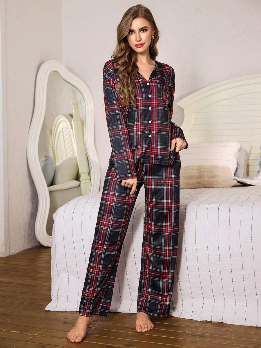 Women's Casual Plaid Print Lapel Button-Front Long Sleeve Pajama Set - Multicolor - View 1