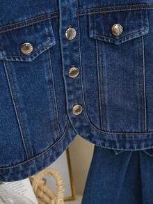 Girls' Denim Jacket With Bow Decor And Jeans Set, Casual Outfit For Spring/Autumn - 深色水洗藍 - 查看 5