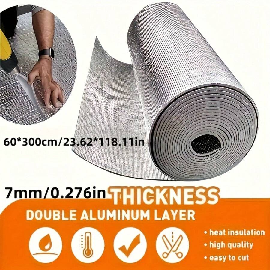 1 Roll 7mm/0.27in Thick Window Insulation Film - 23.62*118.11 Inches Double-Sided Aluminum Foil, Thermal Insulation Film, DIY No Drilling Required, Suitable For Bedroom, Glass House And Balcony - Silver - View 1