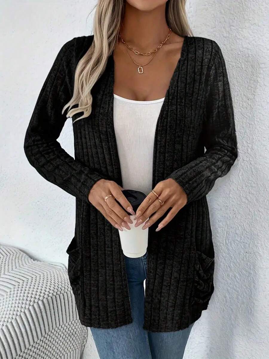 Loose Gray Ribbed Knit Cardigan For Women, With Pockets, Long Sleeve - Black - View 1