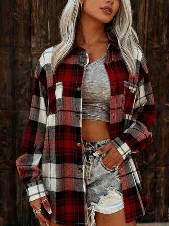 Röd rutig skjorta med knappar och fickor, långärmad, avslappnad rutig skjorta med knappar och fickor framtill för vardagsbruk