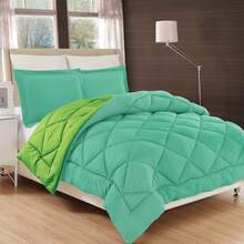 Elegant Comfort All Season Ultra Soft 3pcs Reversible Diamond Stitched Comforter Set, Down Alternative Breathable And Comfortable Quilt Luxury Hotel Quality 3 Piece Full/Queen, King/California King And Twin/Twin XL Size Bed Includes 1 Comforter And 2 Pillowcases Bedding Set, Christmas Decorations Gifts, Cozy Winter Styles, Holiday Décor - 水色/青檸色 - 查看 3