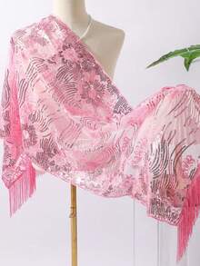 New Luxury Sequin Embroidered Tassel Shawl, Suitable For Wedding, Banquet, Ball, Party, Cheongsam, Floral & Paisley Print, Polyester, All Season