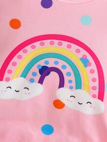 2pcs/Set Baby Girls' Pink Rainbow Polka Dot Long Sleeve Top + Floral Print Wide Leg Jeans Outfit, Cotton Soft Fabric, Casual Everyday Wear - Multicolor - View 4