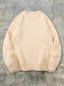 ANDREILEE Men's Casual Pullover Sweater, Streetwear Style, Solid Color, Long Sleeve, Round Neck, Loose Fit, Short Length, Lightweight, Polyester, Suitable For Spring, Autumn And Winter - Beige - View 4