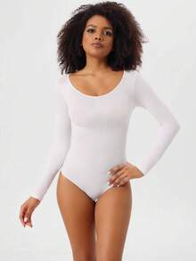 1 Stück nahtloser Bodysuit für Frauen, schlankend, langärmlig, kann als Basisschicht getragen werden - Weiss - Übersicht 2