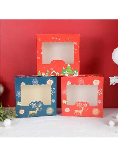 5pcs/10pcs Christmas Cookie Box With Window Candy Chocolate Biscuit Packaging Boxes Xmas Gift Wrapping New Year Party Treat Box