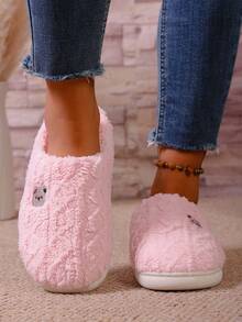 Classiche pantofole da donna imbottite con ricamo a forma di orsetto, pantofole calde da indossare in casa in autunno/inverno, pantofole soffici - Rosa - Visualizzare 2