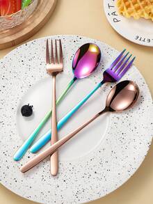 2pcs Stainless Steel Korean Style Long Handle Spoon And Fork Cutlery Set, Hotel/Home Soup Spoon, Coffee Stirrer