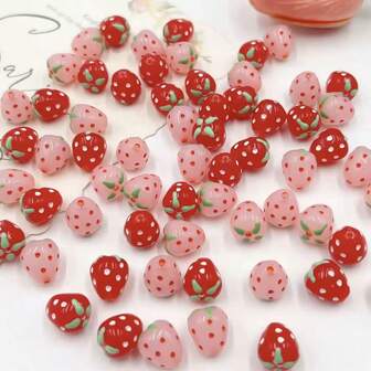 10pcs/Pack Red & Pink DIY Beaded Jewelry Accessories, Acrylic Drip Oil Hand-Painted Strawberry Straight Hole Beads For Necklace, Earrings, Bracelet