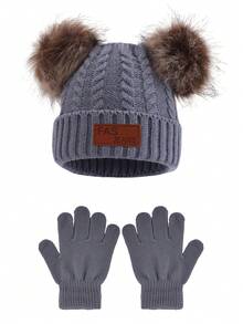 1 Stück gestrickter Hut + Handschuhe Set, Pompons Beanie und vollfingerige gestrickte Handschuhe, einfarbige warme Winter Mützen und Handschuhe für Jungen und Mädchen, vielseitige neue Version - 1PC - Übersicht 16