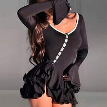Women's Deep Dress With Flared Sleeves, Short Button Front Ruffle Hem Bodycon Dress - 黑色 - 查看 1