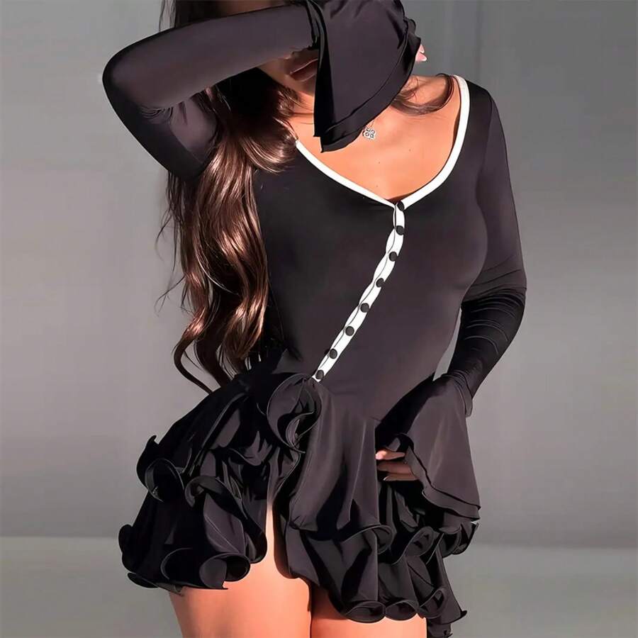 Women's Deep Dress With Flared Sleeves, Short Button Front Ruffle Hem Bodycon Dress - 黑色 - 查看 1