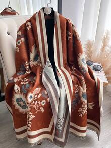 1pc Elegant Floral & Plant Pattern Jacquard Faux Cashmere Warm Scarf/Wrap, Versatile For Women, Suitable For Autumn/Winter, Daily Matching And Decoration - Rust - View 5