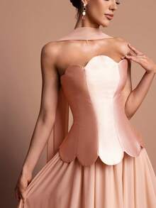 Faeriesty Style Elegant Strapless Satin Formal Evening Gown – Sleeveless Sweetheart Neckline, Petal-Trimmed Waist, Back Tie Detail & Flowing Skirt – Perfect For Weddings, Evening Galas, Celebrations & Red-Carpet Events