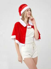 2 Pieces Of New Adult And Children's Christmas Shawls, Hat Sets, Christmas Costume Party Performance Cosplay Adult Female Velvet Costume Props. - Red - View 2