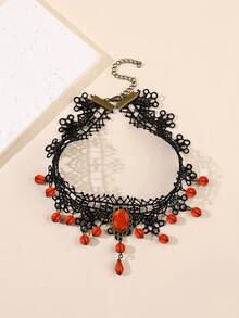 1 buc colier choker din dantelă gotică pentru femei cu ciucure de rubin, colier de guler vintage