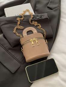 Borsa da trucco in bordeaux di alta qualità, nuova e di nicchia per donna, mini borsa per rossetti, borsa a tracolla - Cachi - Visualizzare 7