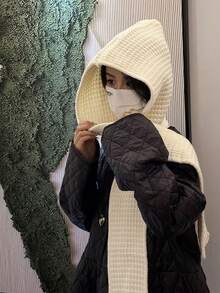 1pc Winter Hat & Scarf Set, Solid Color Design, Warm & Versatile Knitted Hooded Poncho - Multicolor - View 4