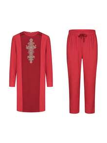 Dashiki African Men Suit Long Sleeve Embroidered Crew Neck Shirt And Casual Pants 2 Pieces Set Kaftan Festive Wedding Party Traditional Clothing For Men - Red - View 2