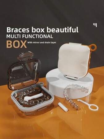 多巴胺风格便携式正畸矫正器收纳盒，带镜子，适用于隐形矫正器、假牙、正畸矫治器等。