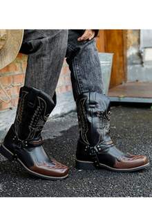 Retro Western Style Color Block High-Top Boots, Personalized Embroidery & Buckle Design, Men's Motorcycle/Work Boots, Suitable For Daily, Street, Outdoor, Fashion - Black - View 6