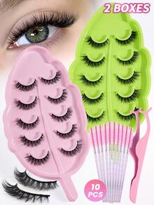 MAGEFY 5/10/12对3D仿貂毛假睫毛，带叶子托盘，自然逼真，浓密柔软，可重复使用，独立包装，化妆工具，包含眉刷和可选的涂抹器 - 交叉款 - 查看 16